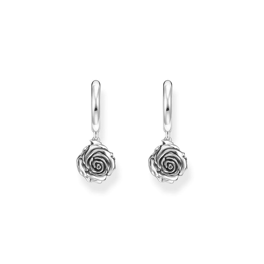Silver Midnight Rose Hoop Earrings