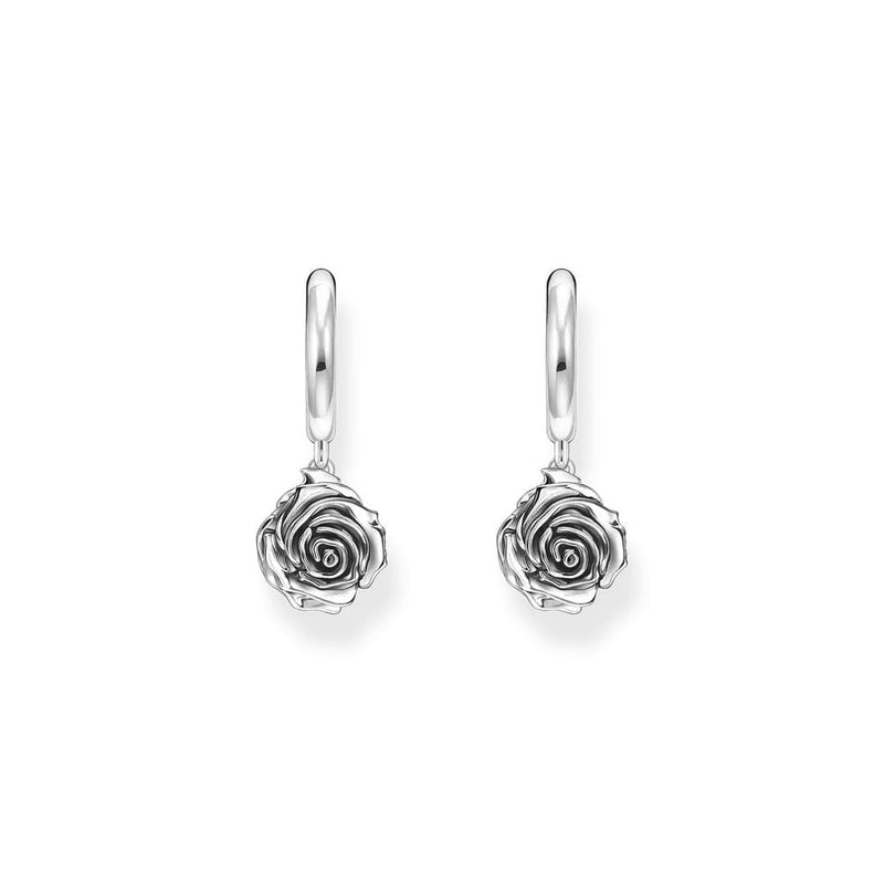 Silver Midnight Rose Hoop Earrings