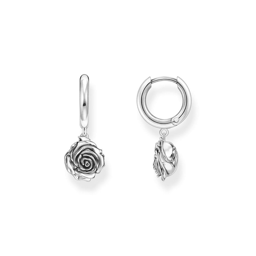 Silver Midnight Rose Hoop Earrings