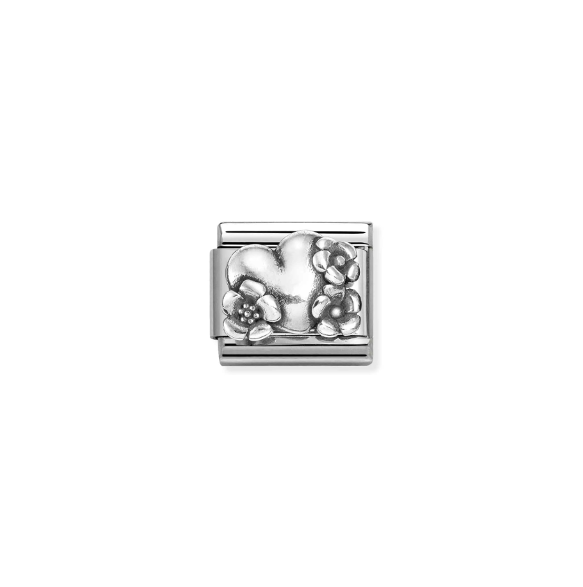 Nomination Heart and Flowers Sterling Silver and Stainless Steel Composable Charm