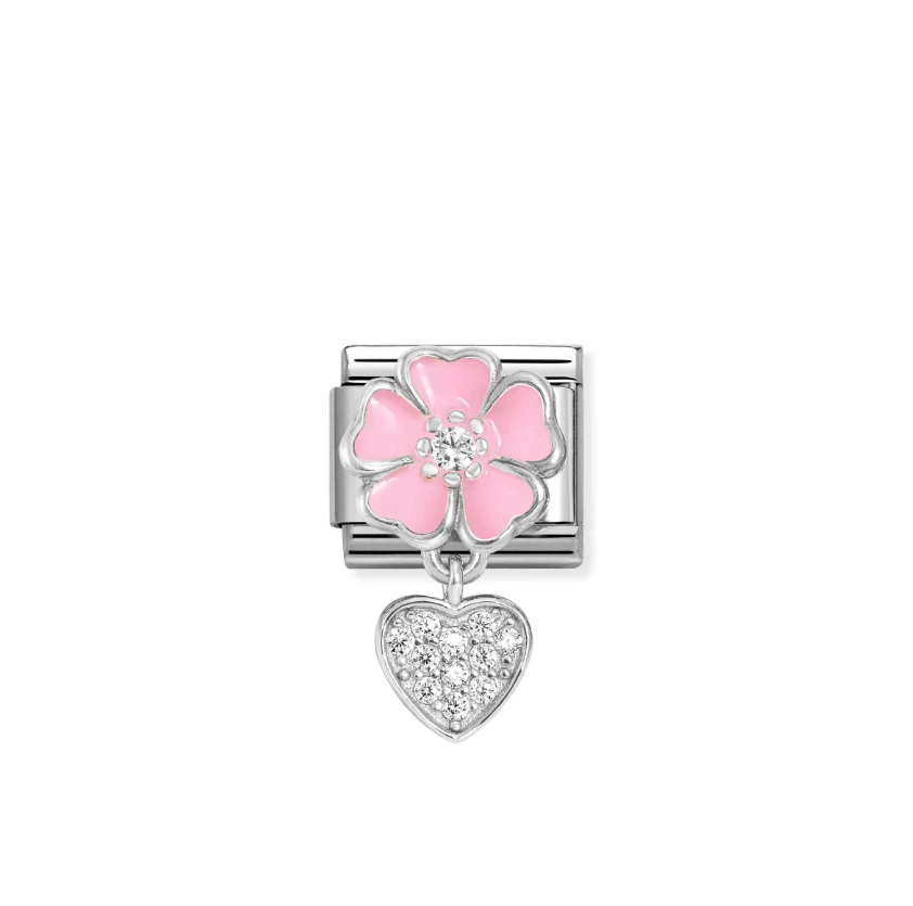 Nomination Pink Flower with CZ Heart Sterling Silver and Stainless Steel Composable Charm