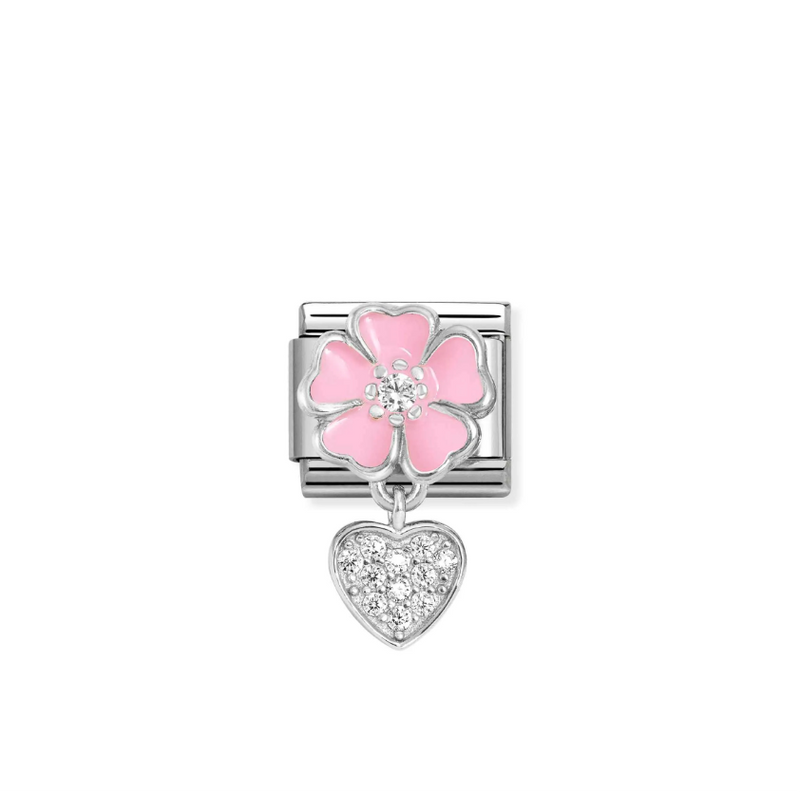 Nomination Pink Flower with CZ Heart Sterling Silver and Stainless Steel Composable Charm