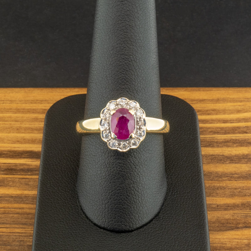 9ct Yellow Gold Ruby & Diamond Cluster Ring Size R 1/2 5.2g