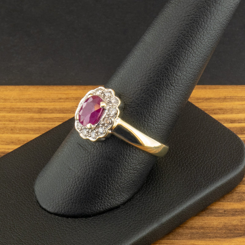 9ct Yellow Gold Ruby & Diamond Cluster Ring Size R 1/2 5.2g