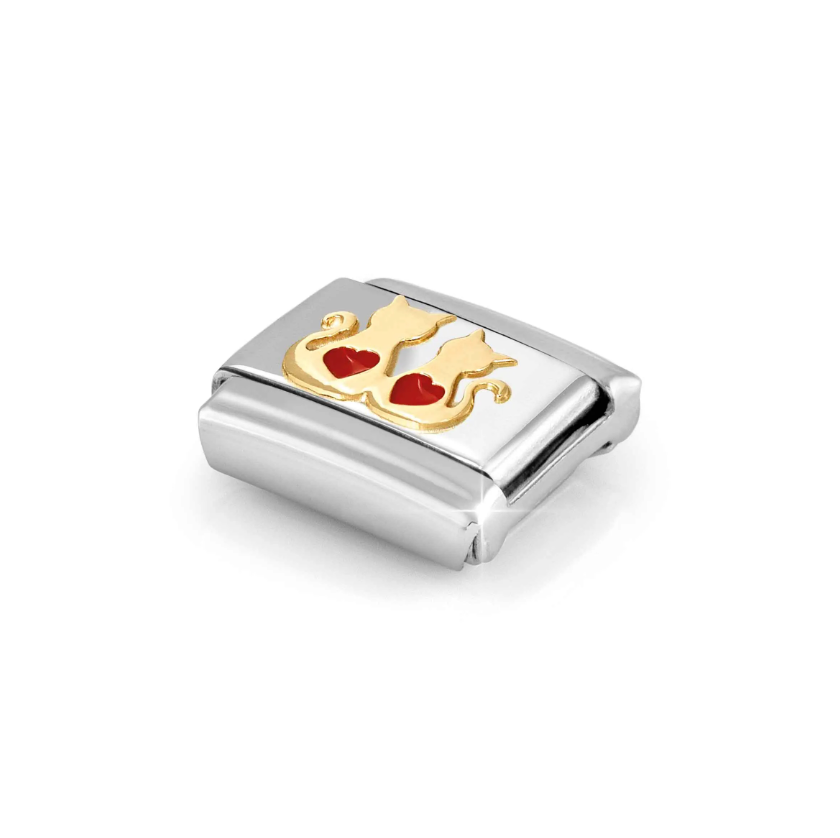 Nomination Cats with Red Hearts 18ct Gold and Stainless Steel Composable Charm
