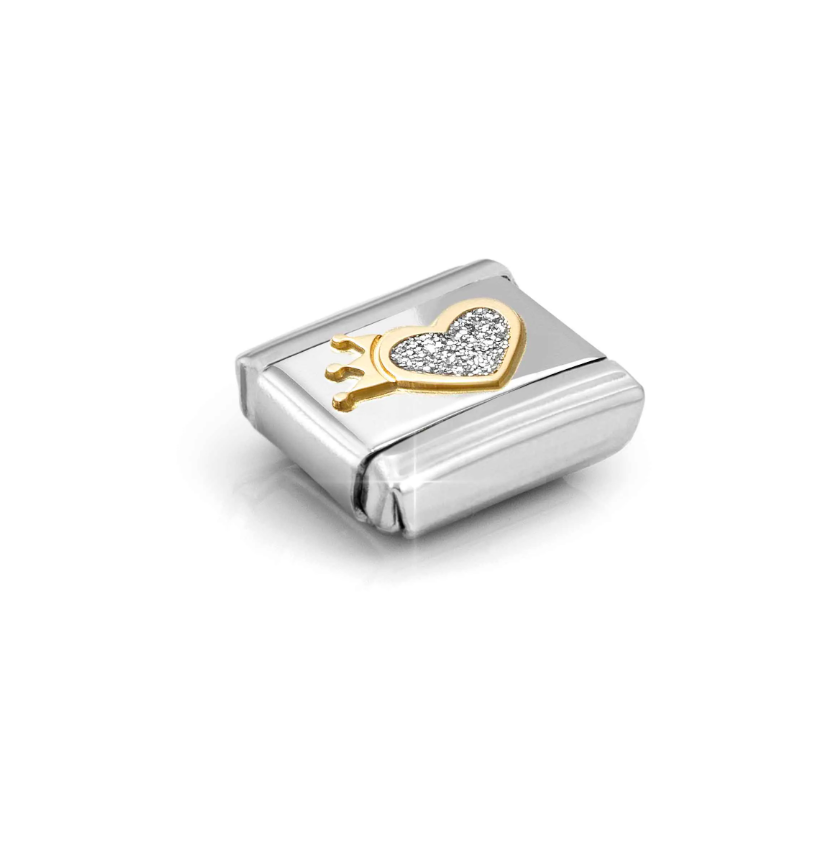 Nomination Glitter Heart with Crown 18ct Gold and Stainless Steel Composable Charm