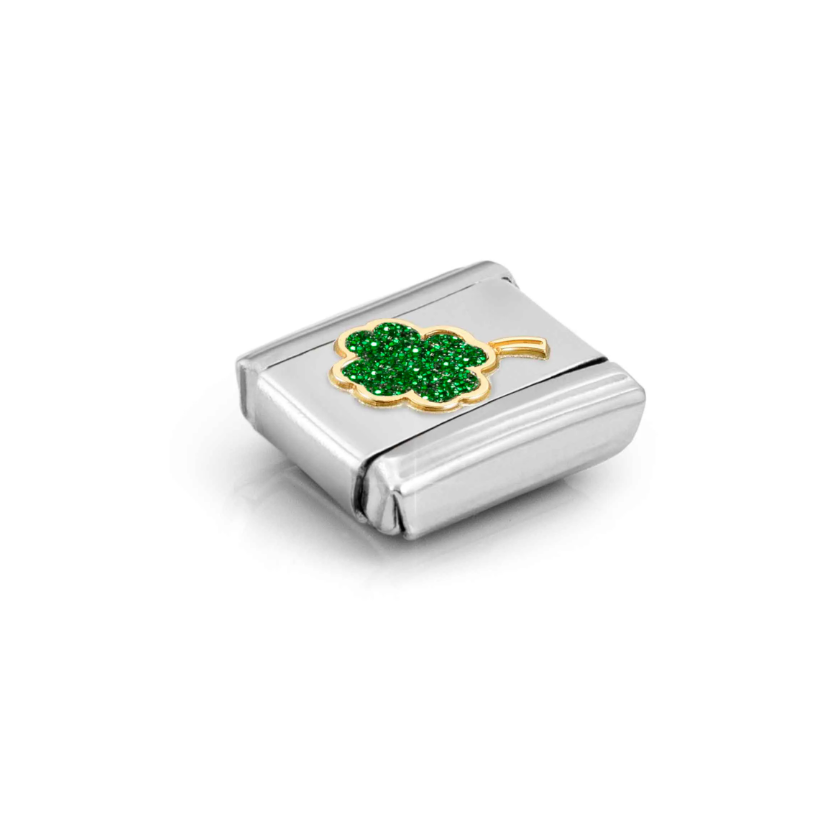 Nomination Green Glitter Four Leaf Clover 18ct Gold and Stainless Steel Composable Charm