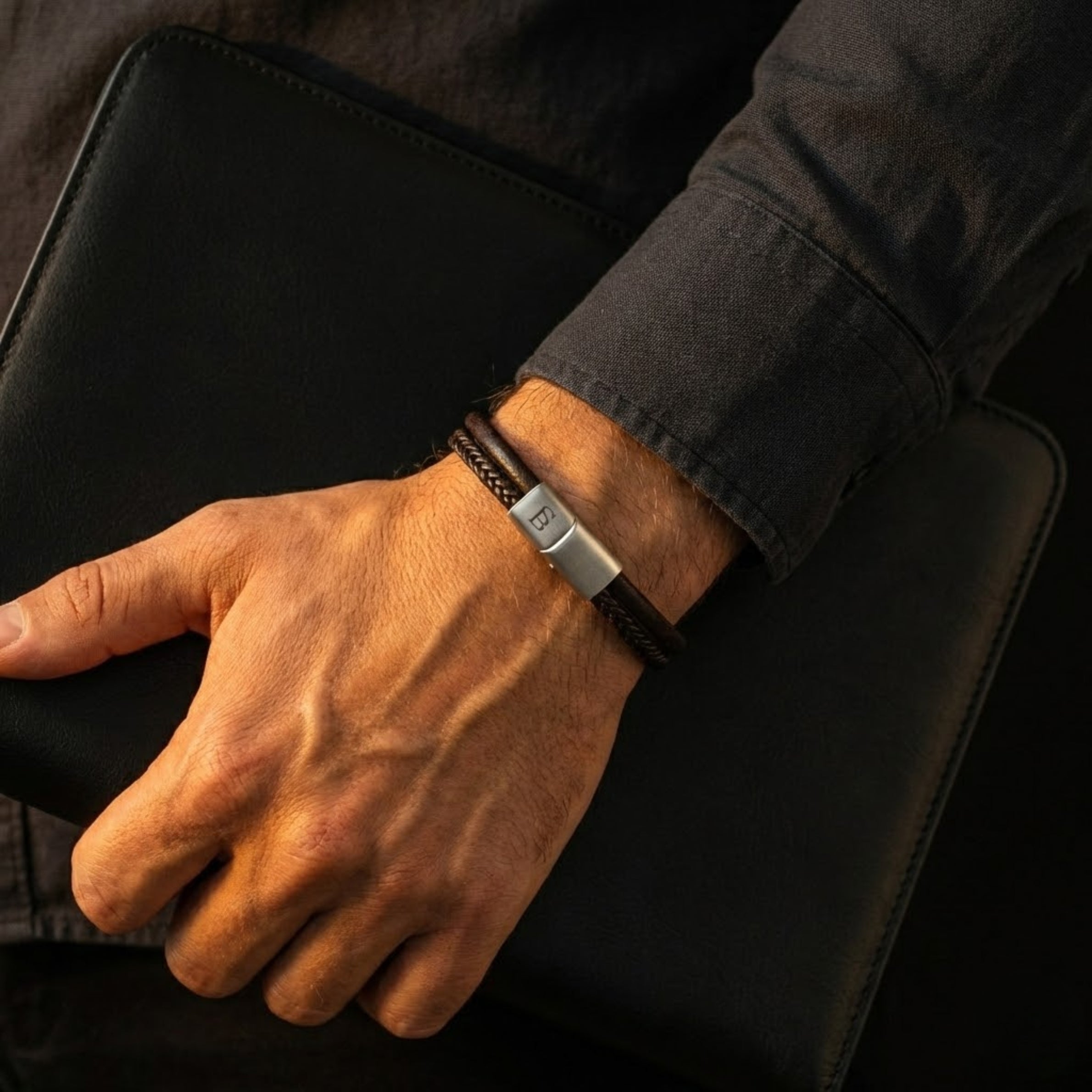 Steel & Barnett Dual-Band Denby Brown Leather Bracelet (Size M)