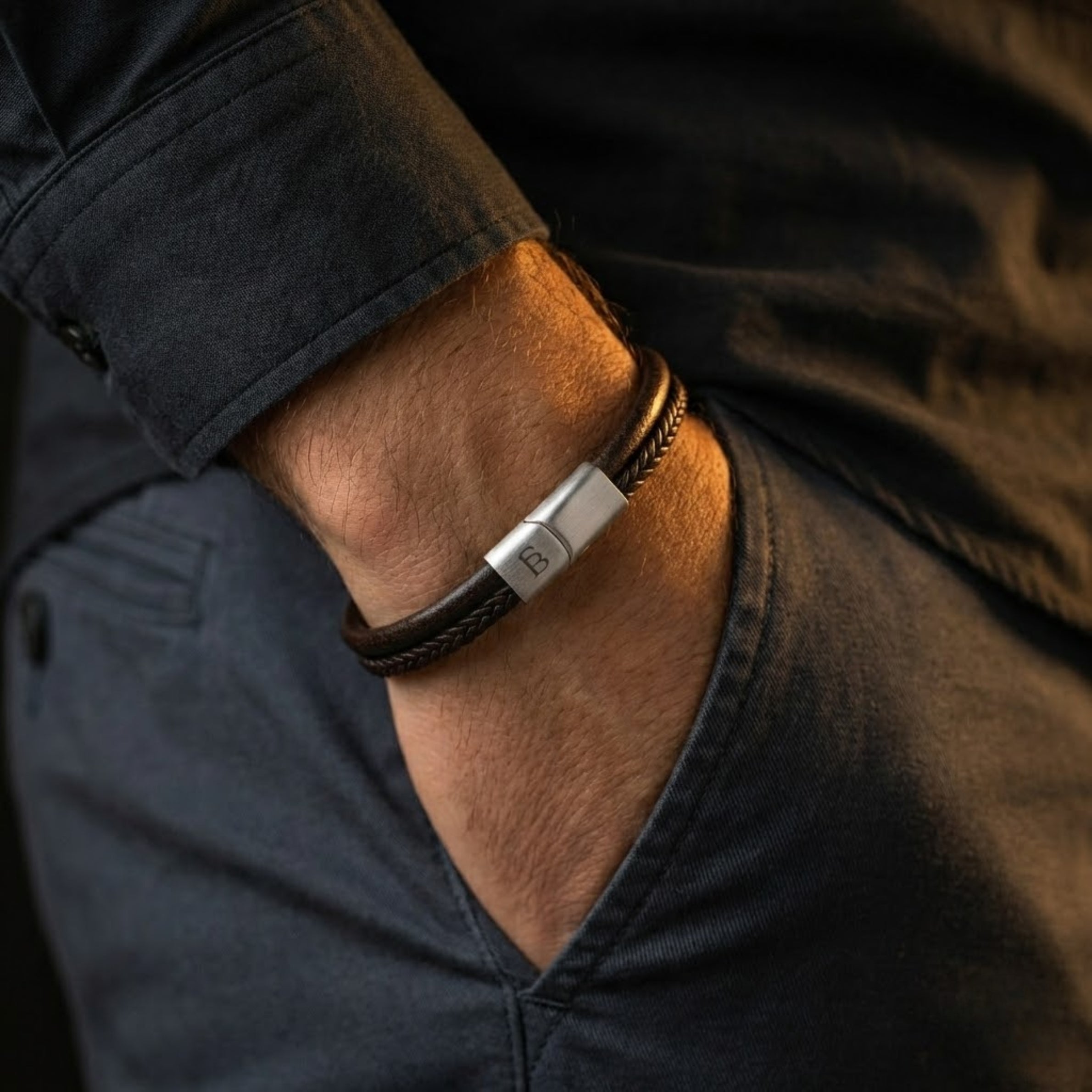 Steel & Barnett Dual-Band Denby Brown Leather Bracelet (Size M)