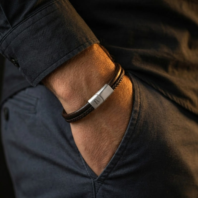 Steel & Barnett Dual-Band Denby Brown Leather Bracelet (Size M)