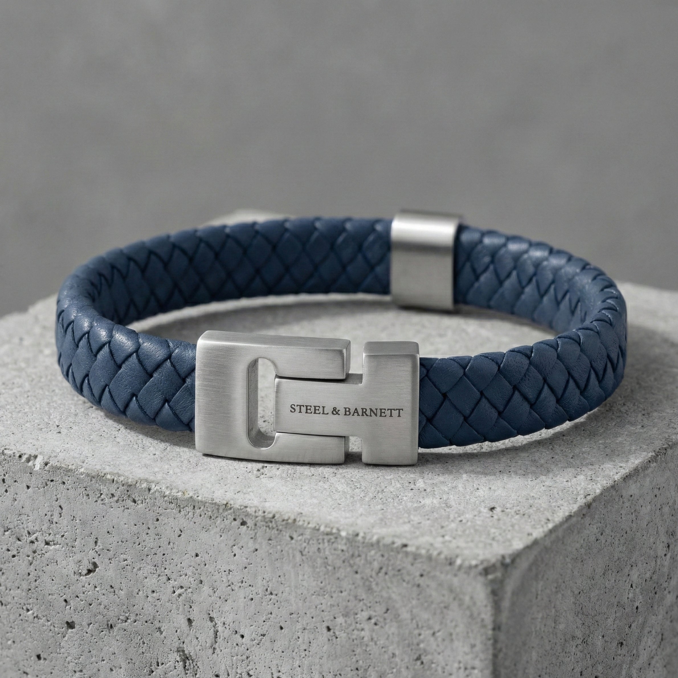 Steel & Barnett Thick Braided Blue Leather Bracelet (Size M)