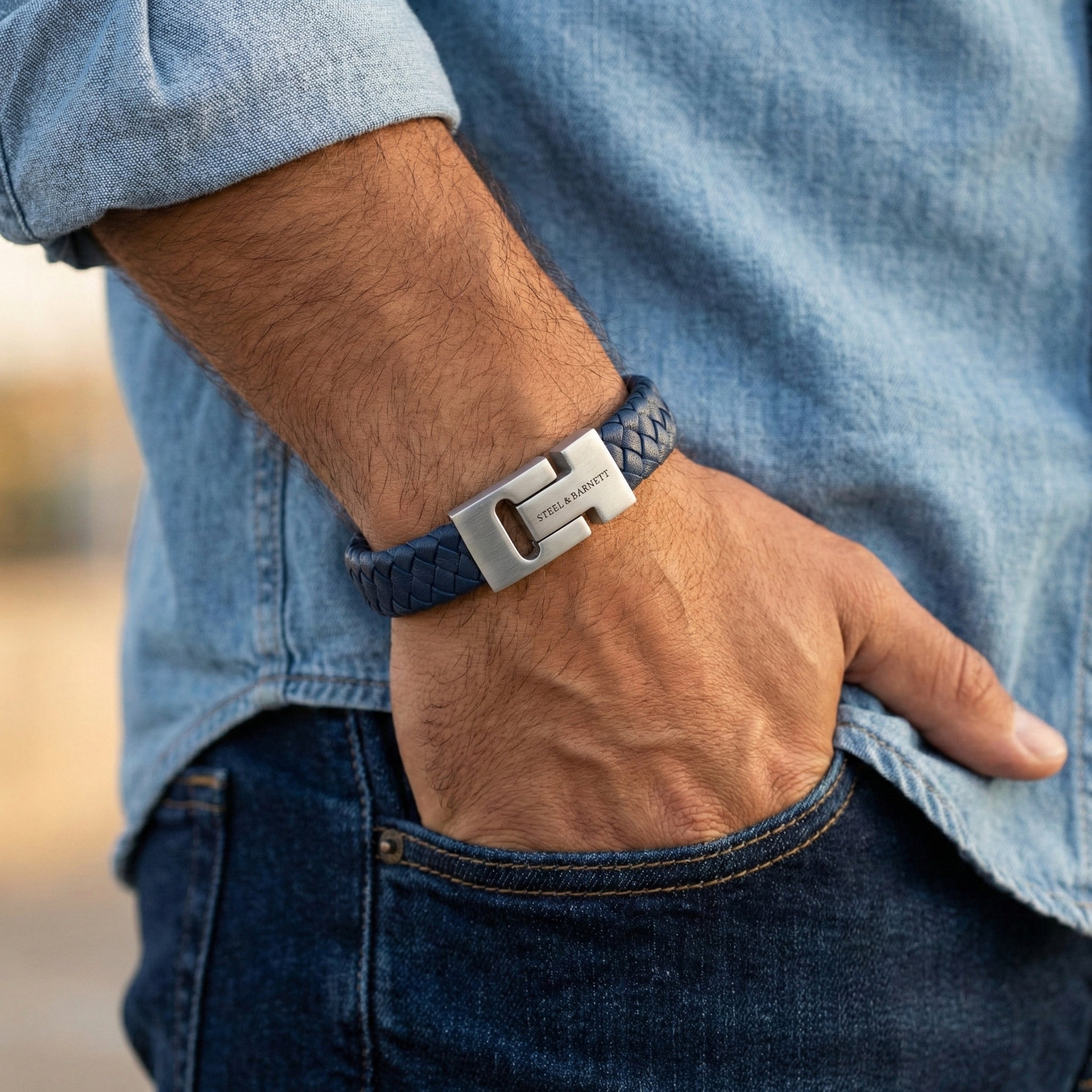 Steel & Barnett Thick Braided Blue Leather Bracelet (Size M)