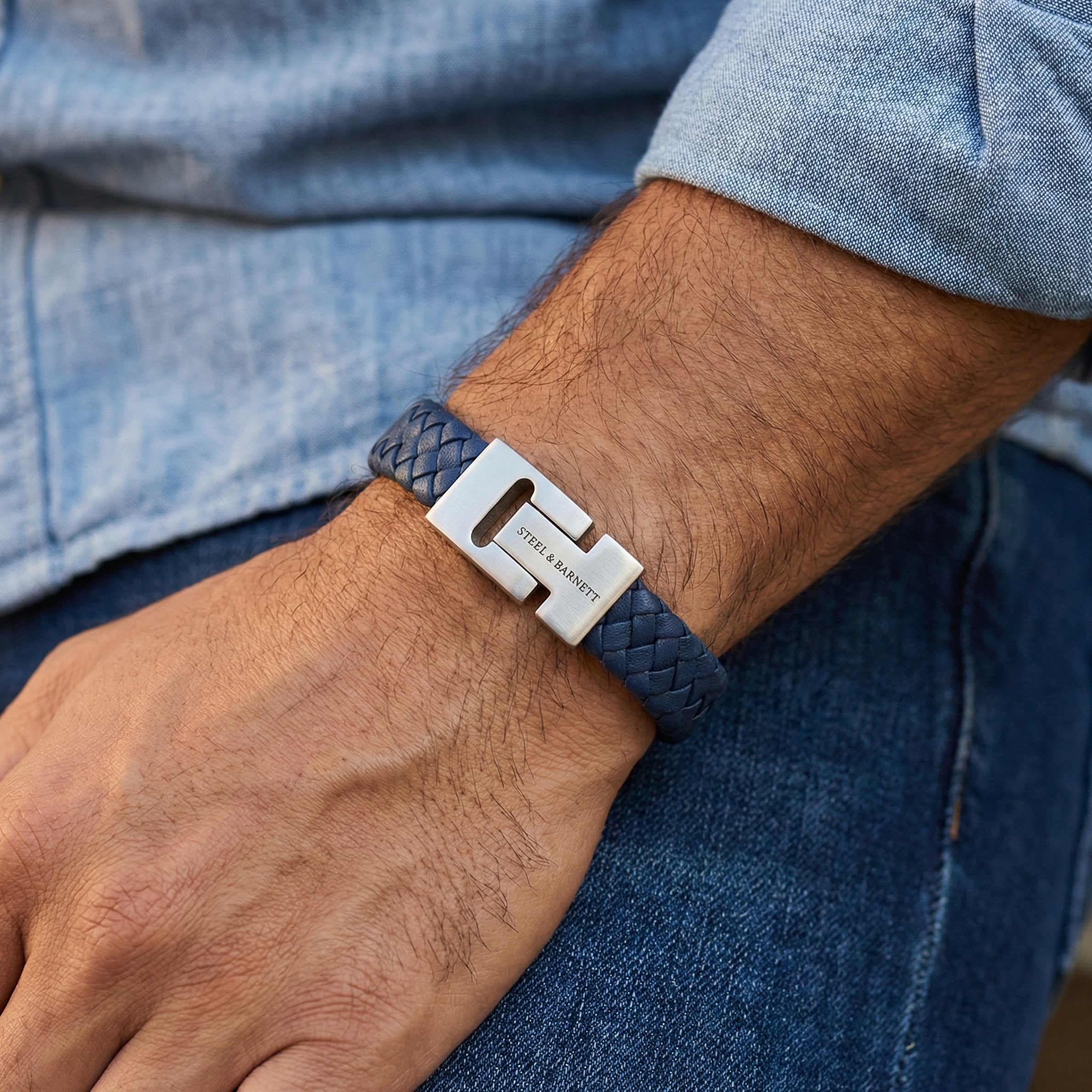 Steel & Barnett Thick Braided Blue Leather Bracelet (Size M)