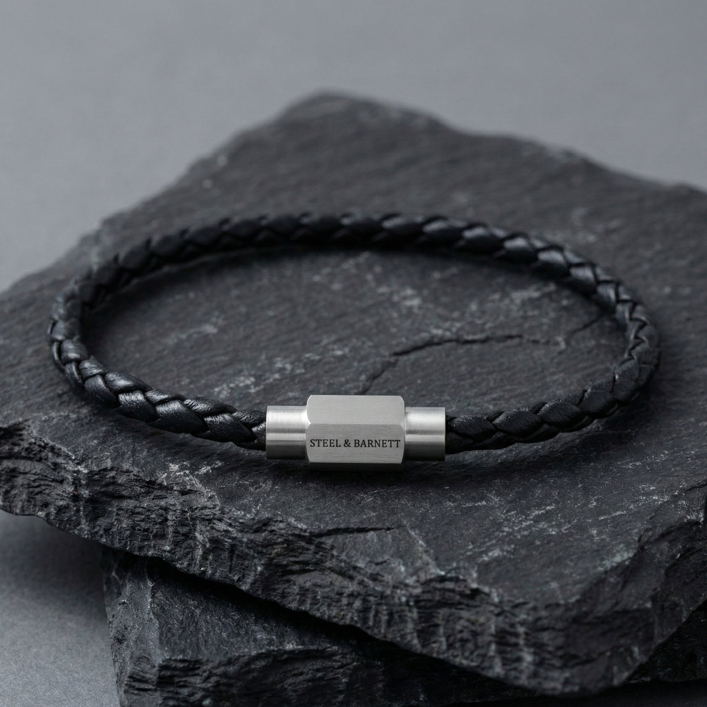 Steel & Barnett Thin Braided Black Leather Bracelet (Size M)