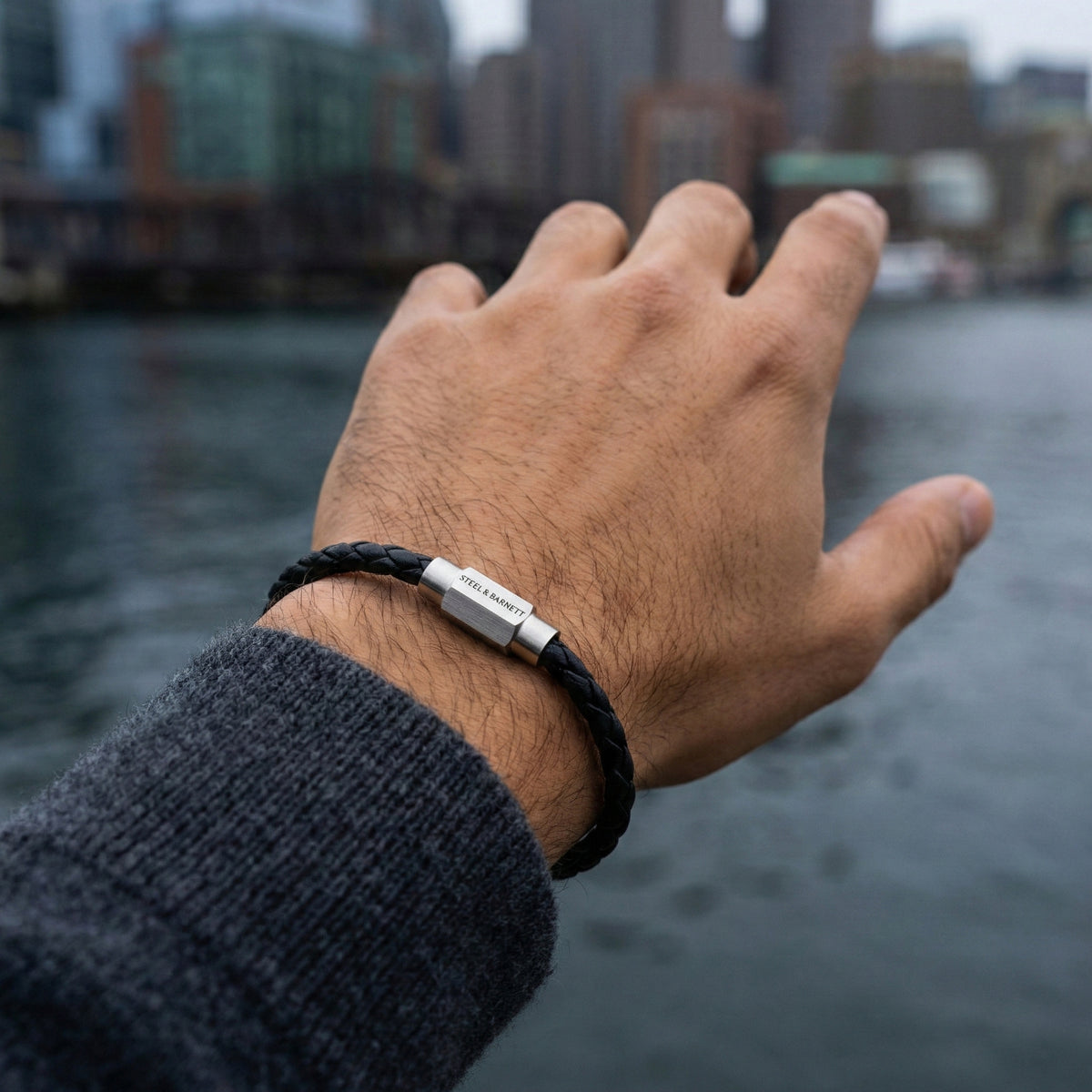 Steel & Barnett Thin Braided Black Leather Bracelet (Size M)