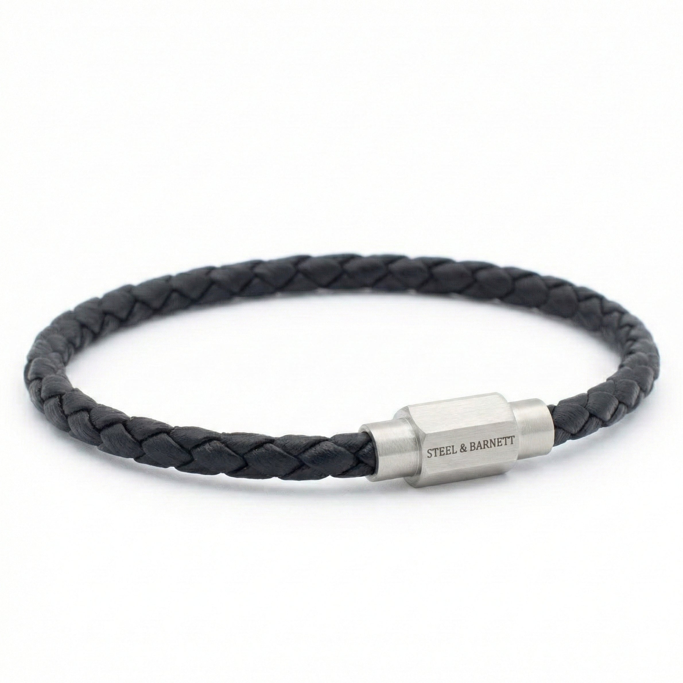 Steel & Barnett Thin Braided Black Leather Bracelet (Size M)
