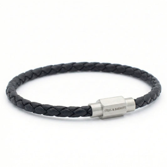 Steel & Barnett Thin Braided Black Leather Bracelet (Size M)