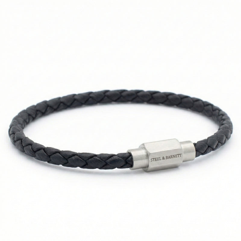 Steel & Barnett Thin Braided Black Leather Bracelet (Size M)