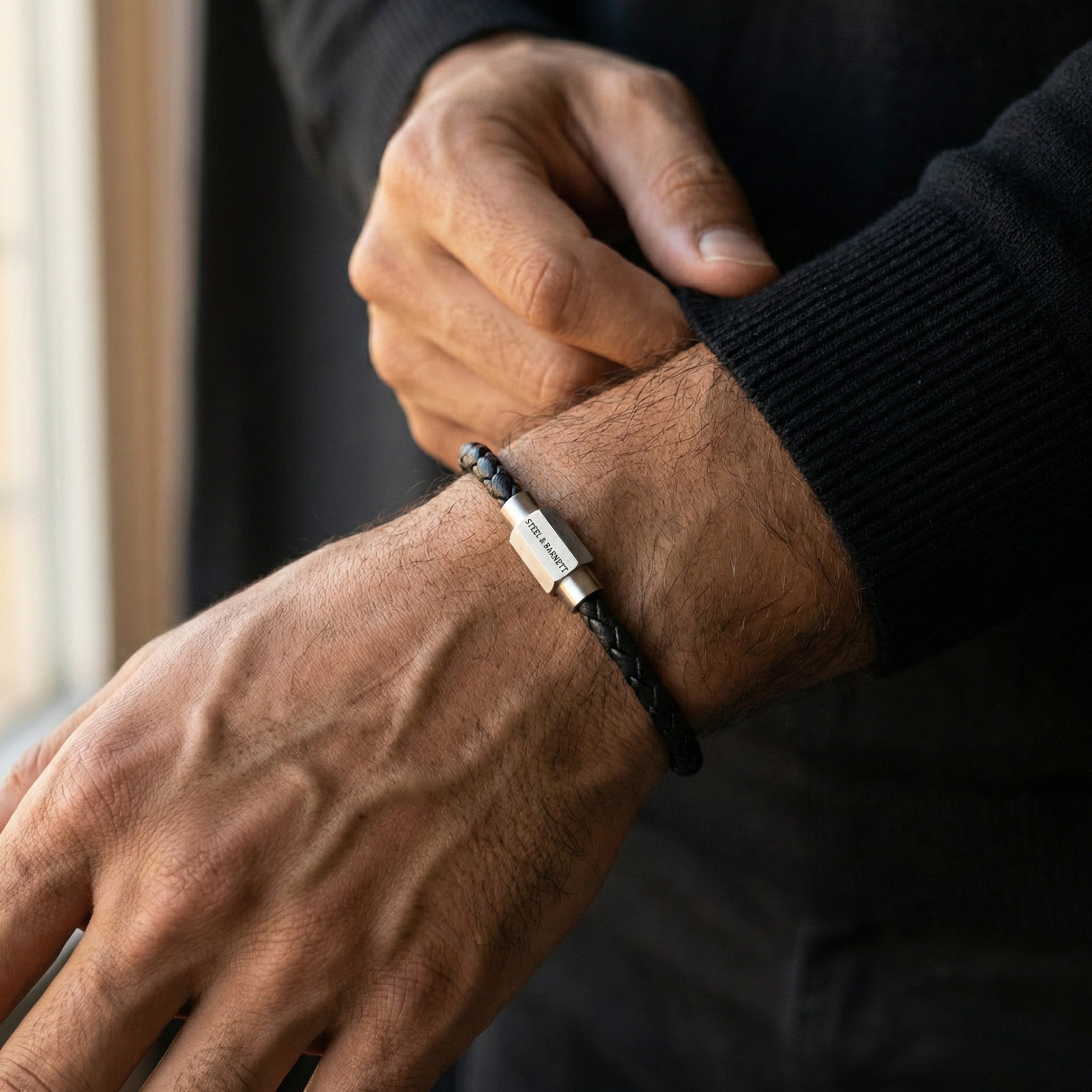 Steel & Barnett Thin Braided Black Leather Bracelet (Size M)