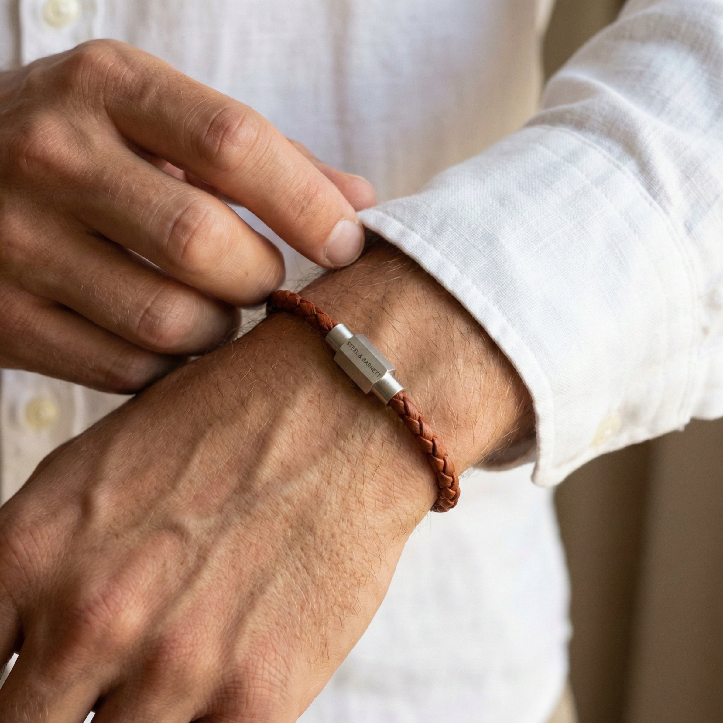 Steel & Barnett Thin Braided Peanut Leather Bracelet (Size M)