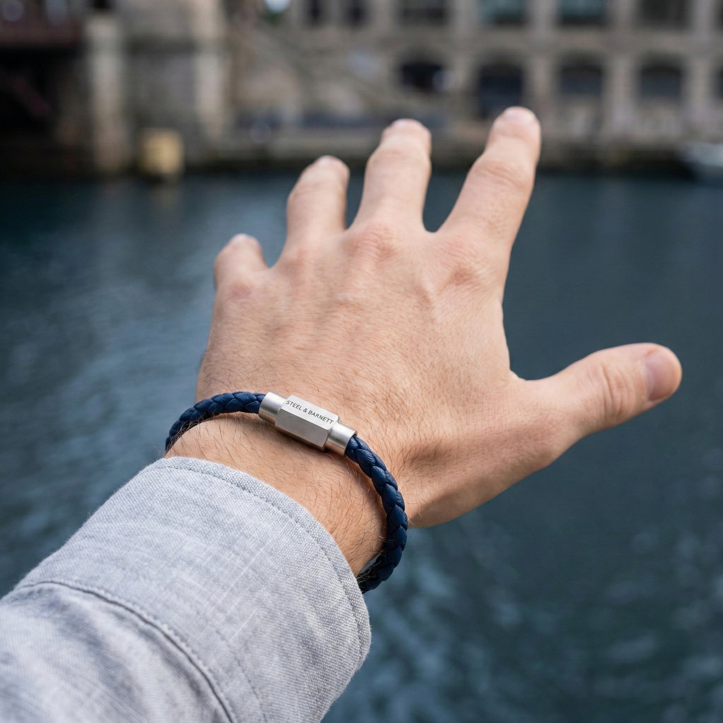Steel & Barnett Thin Braided Blue Leather Bracelet (Size M)