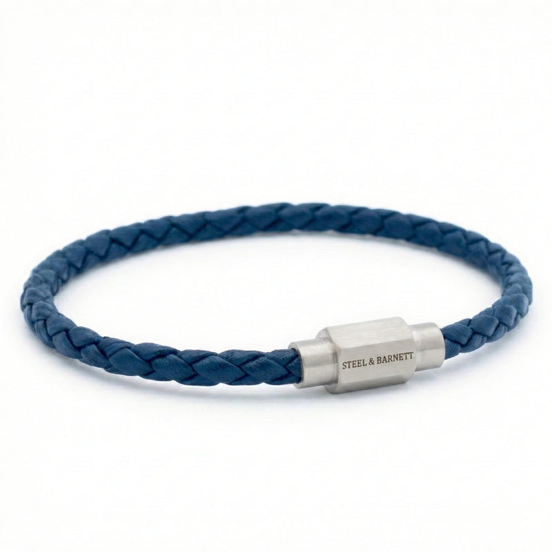 Steel & Barnett Thin Braided Blue Leather Bracelet (Size M)