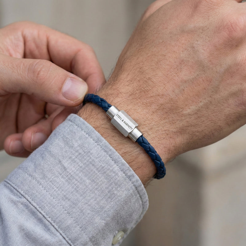 Steel & Barnett Thin Braided Blue Leather Bracelet (Size M)