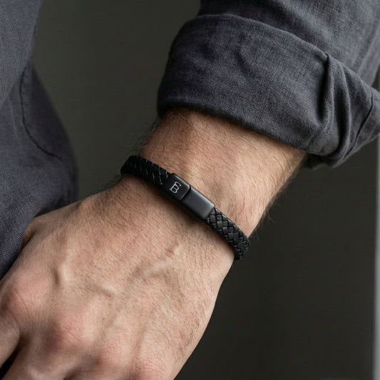 Steel & Barnett Braided Black Leather Bracelet (Size S)