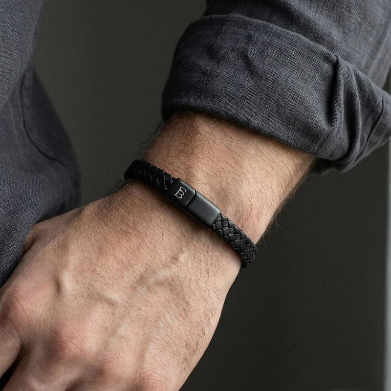 Steel & Barnett Braided Black Leather Bracelet (Size S)