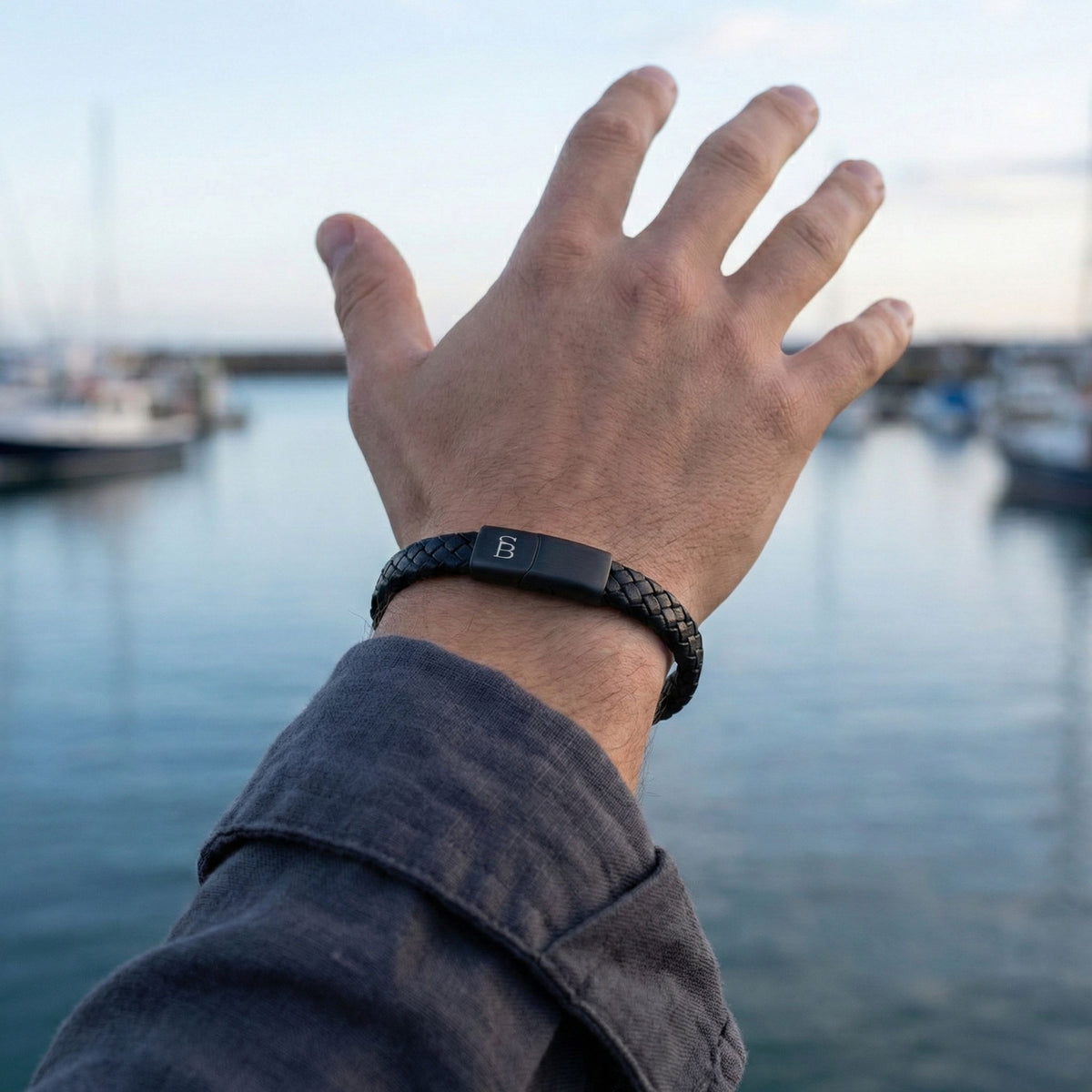Steel & Barnett Braided Black Leather Bracelet (Size S)