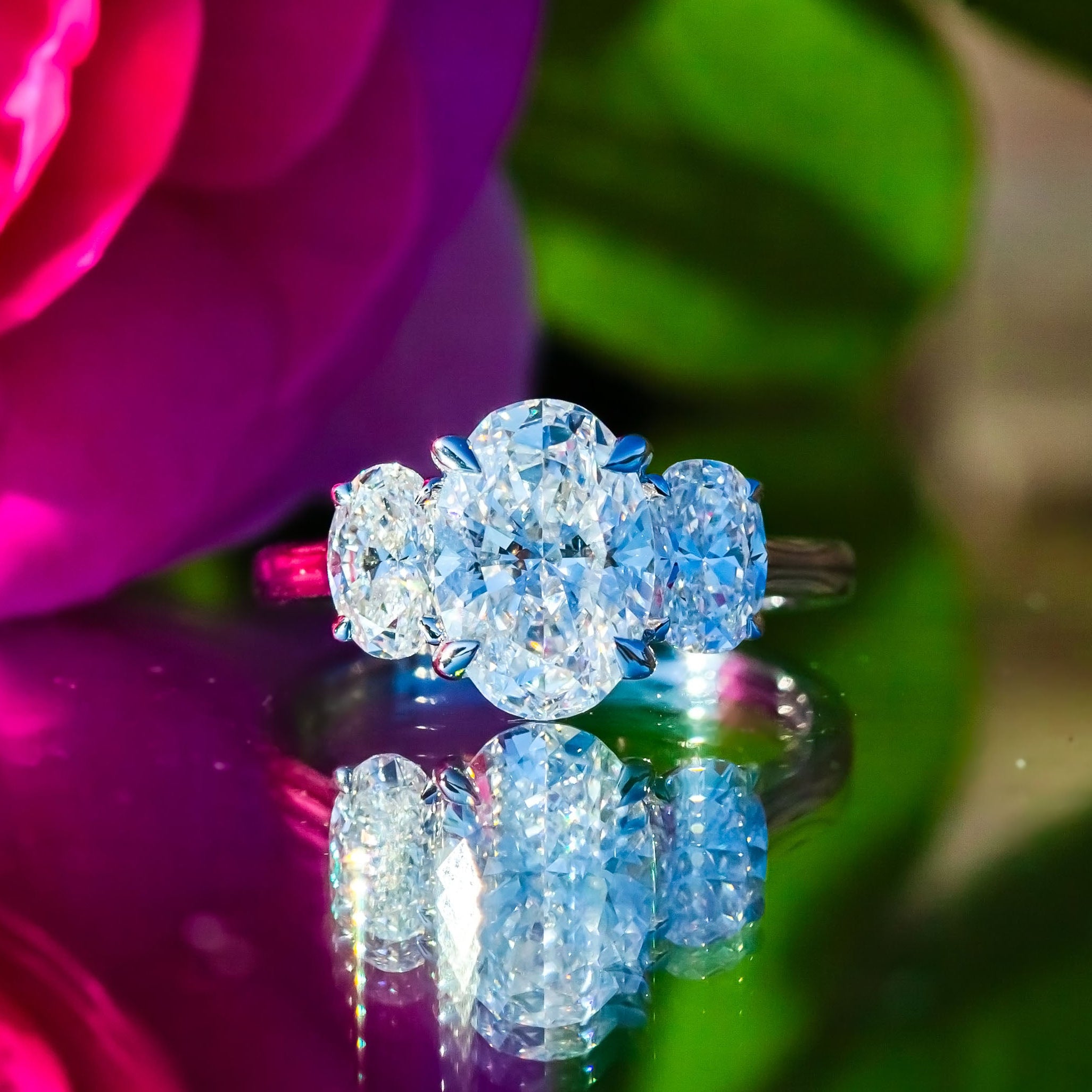 9ct White Gold 3ct Oval Lab Diamond Trilogy Ring