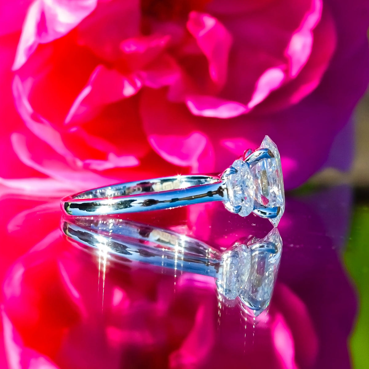 9ct White Gold 3ct Oval Lab Diamond Trilogy Ring