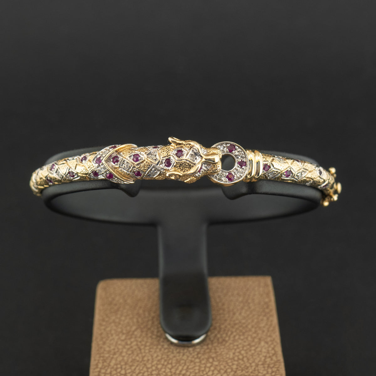 9ct Yellow Gold Leopard Ruby and Diamond Bangle 10.6g