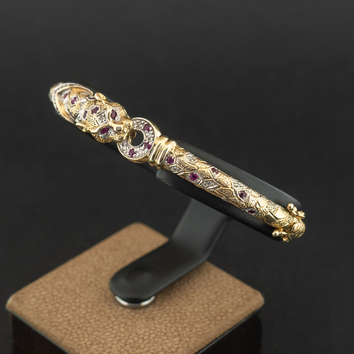 9ct Yellow Gold Leopard Ruby and Diamond Bangle 10.6g