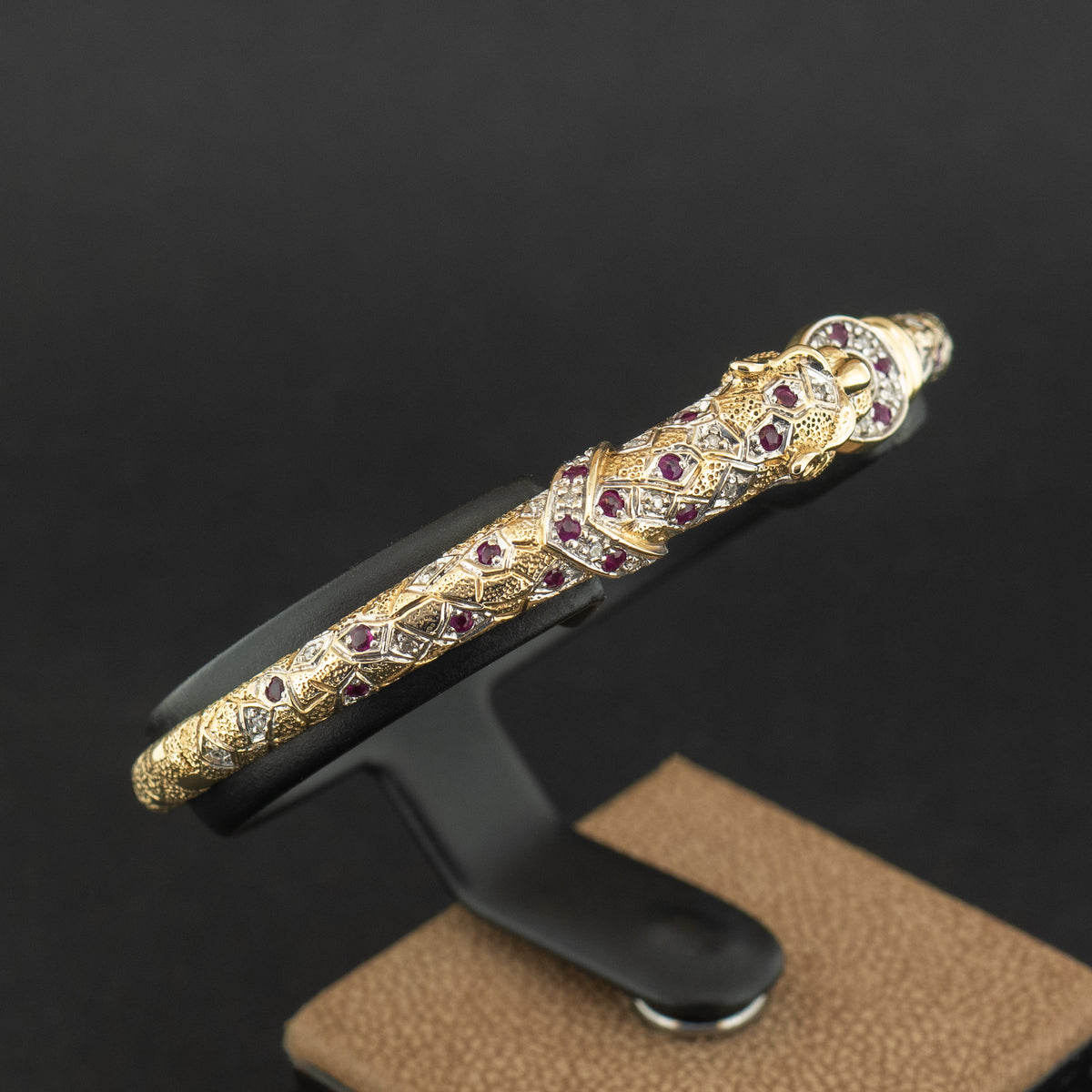 9ct Yellow Gold Leopard Ruby and Diamond Bangle 10.6g