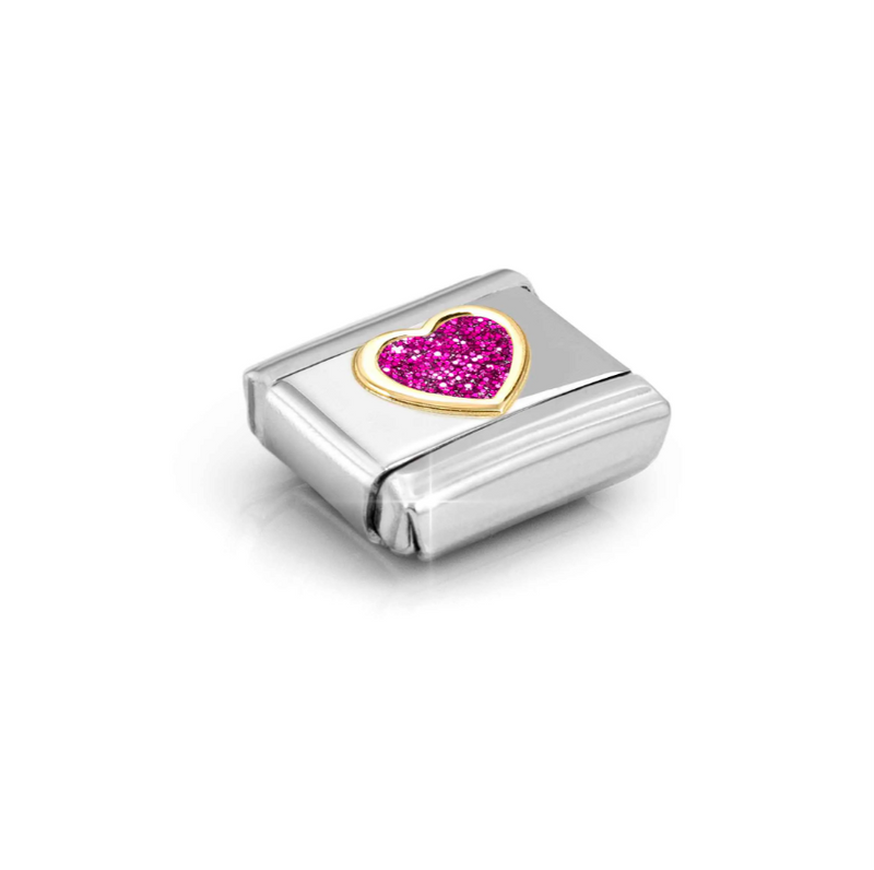 Nomination Fuchsia Glitter Heart 18ct Gold and Stainless Steel Composable Charm