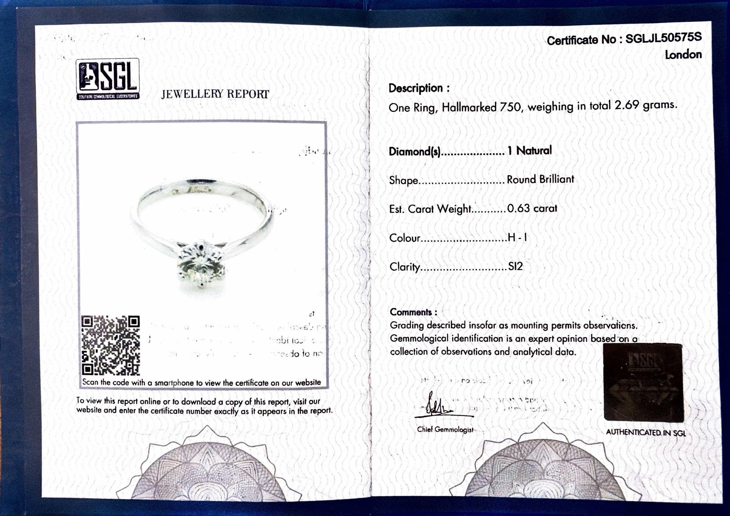 18ct White Gold 0.63ct Diamond Solitaire Ring Size N 2.5g