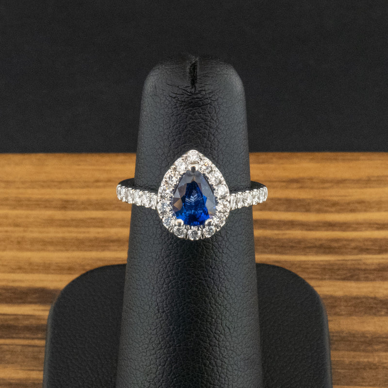 Platinum 0.9ct Pear Cut Sapphire and Diamond Halo Ring Size H 5.3g
