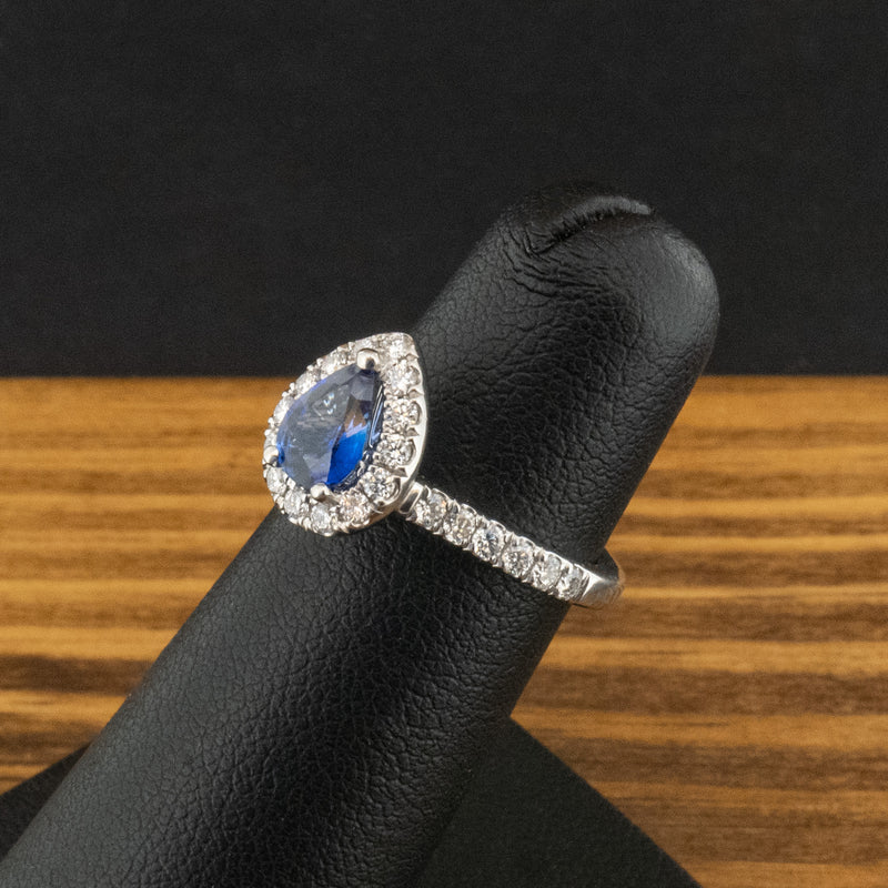 Platinum 0.9ct Pear Cut Sapphire and Diamond Halo Ring Size H 5.3g