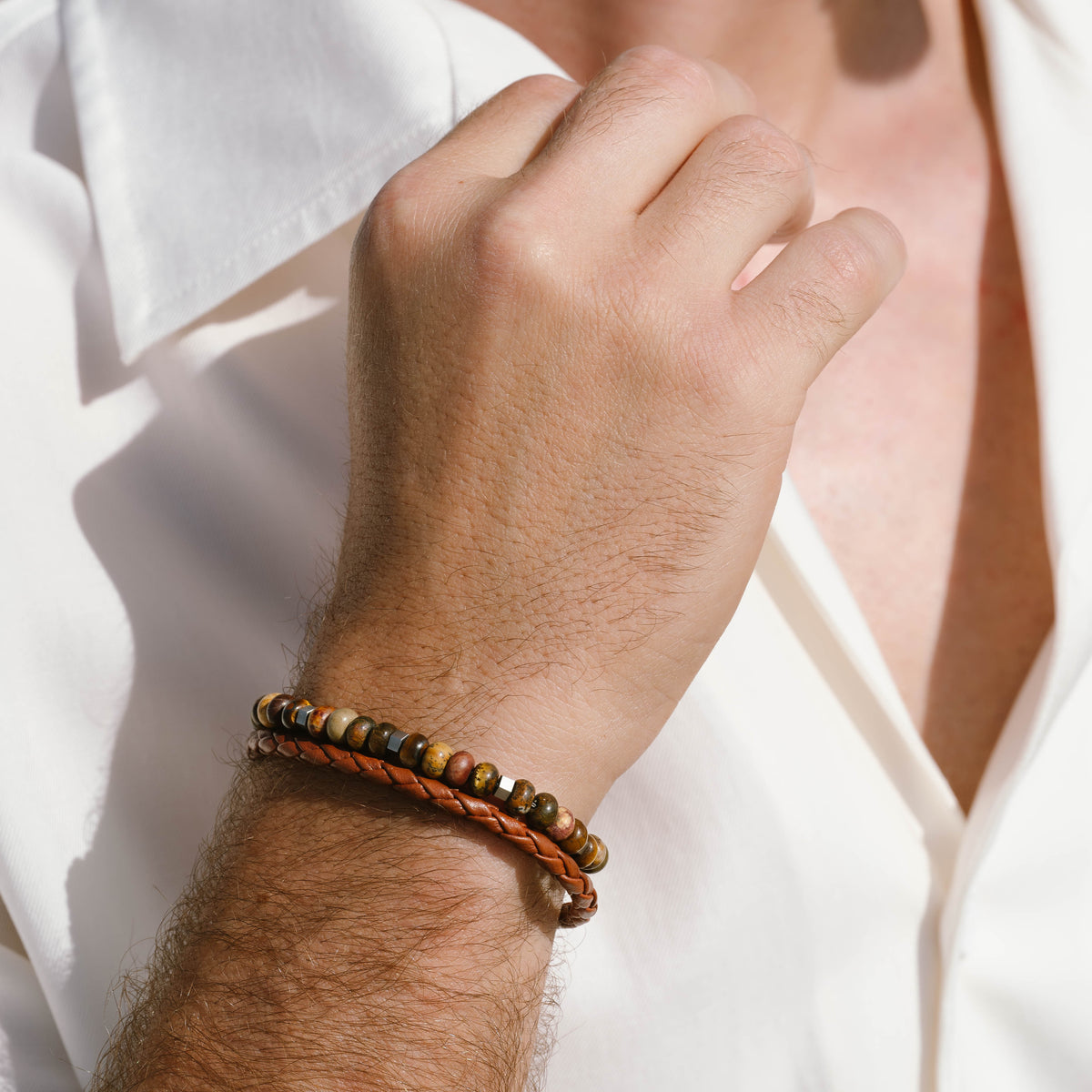 Steel & Barnett Terracotta Gemstone Adjustable Beads Bracelet (Fits S-XL)