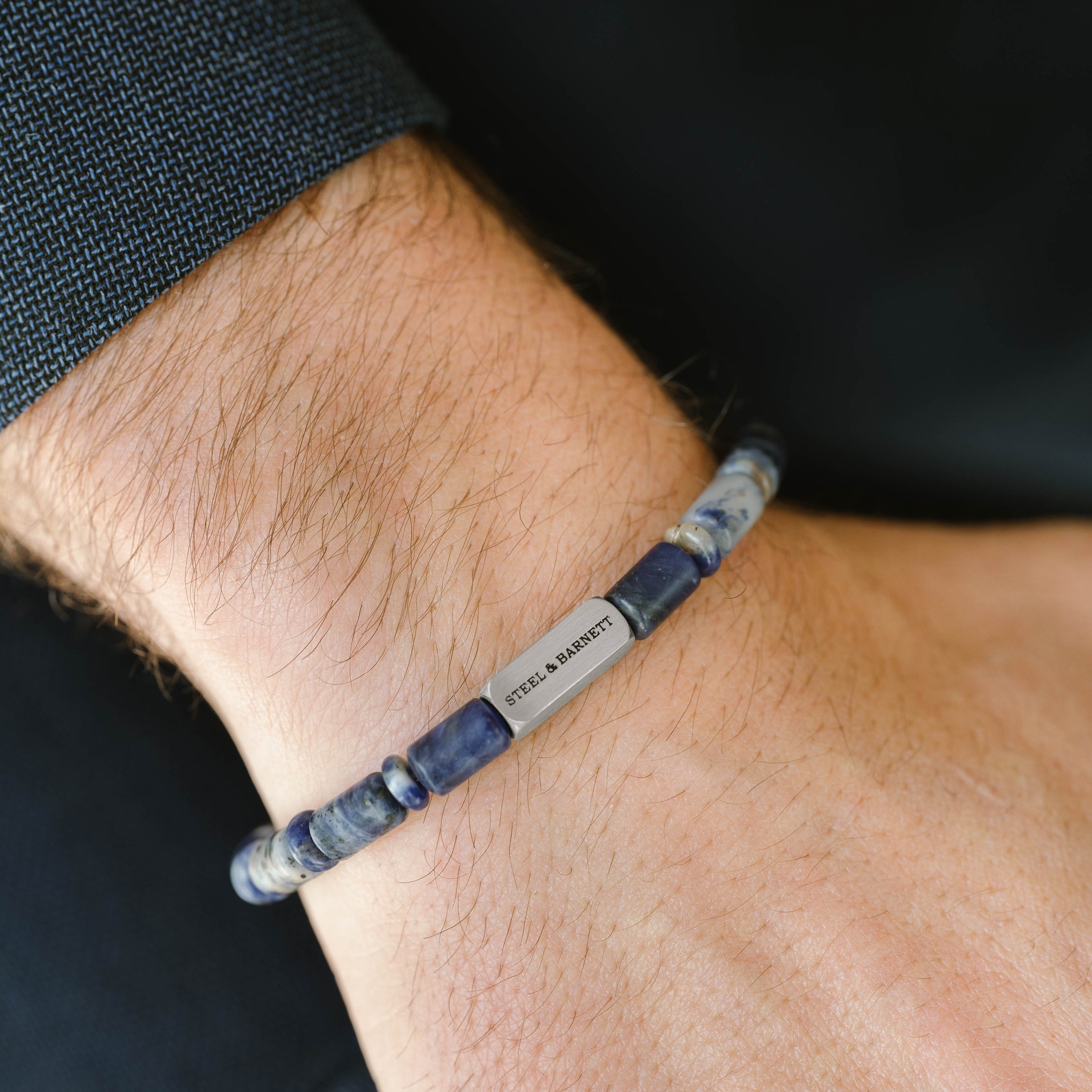 Steel & Barnett Matte Sodalite Gemstone Barrel Beads Bracelet (Size M)