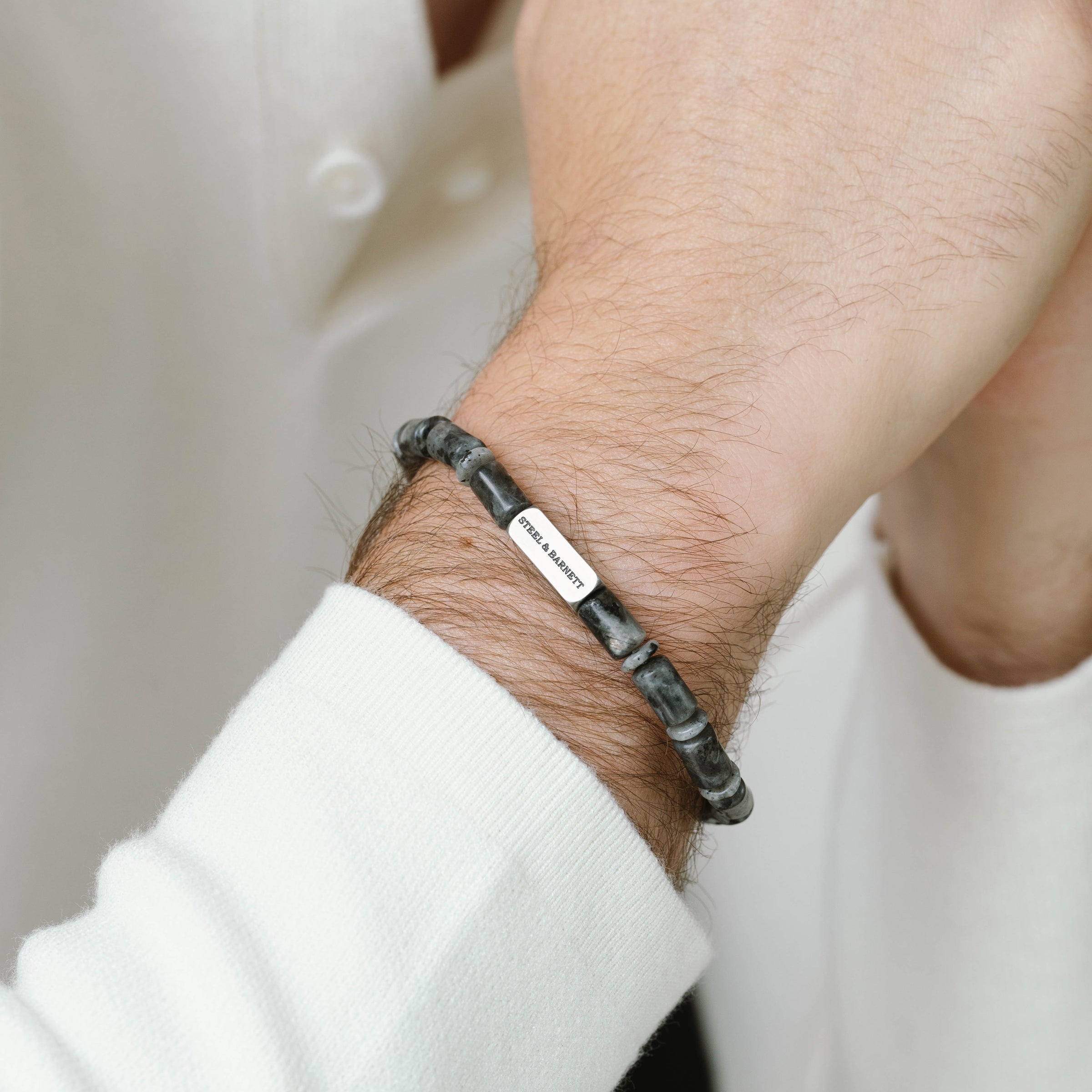 Steel & Barnett Matte Spectrolite Gemstone Barrel Beads Bracelet (Size M)