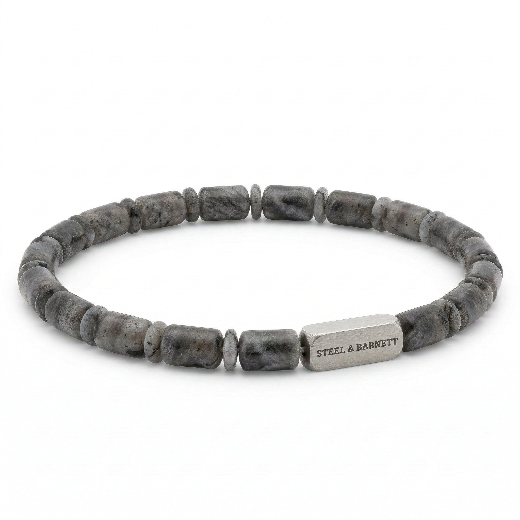 Steel & Barnett Matte Spectrolite Gemstone Barrel Beads Bracelet (Size M)