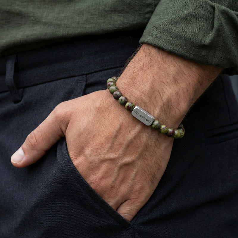 Steel & Barnett Dragon Blood Gemstone Beads Bracelet (Size M)