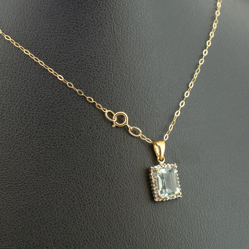 9ct Yellow Gold 16 Inch Green Amethyst and Diamond Necklace 1.6g