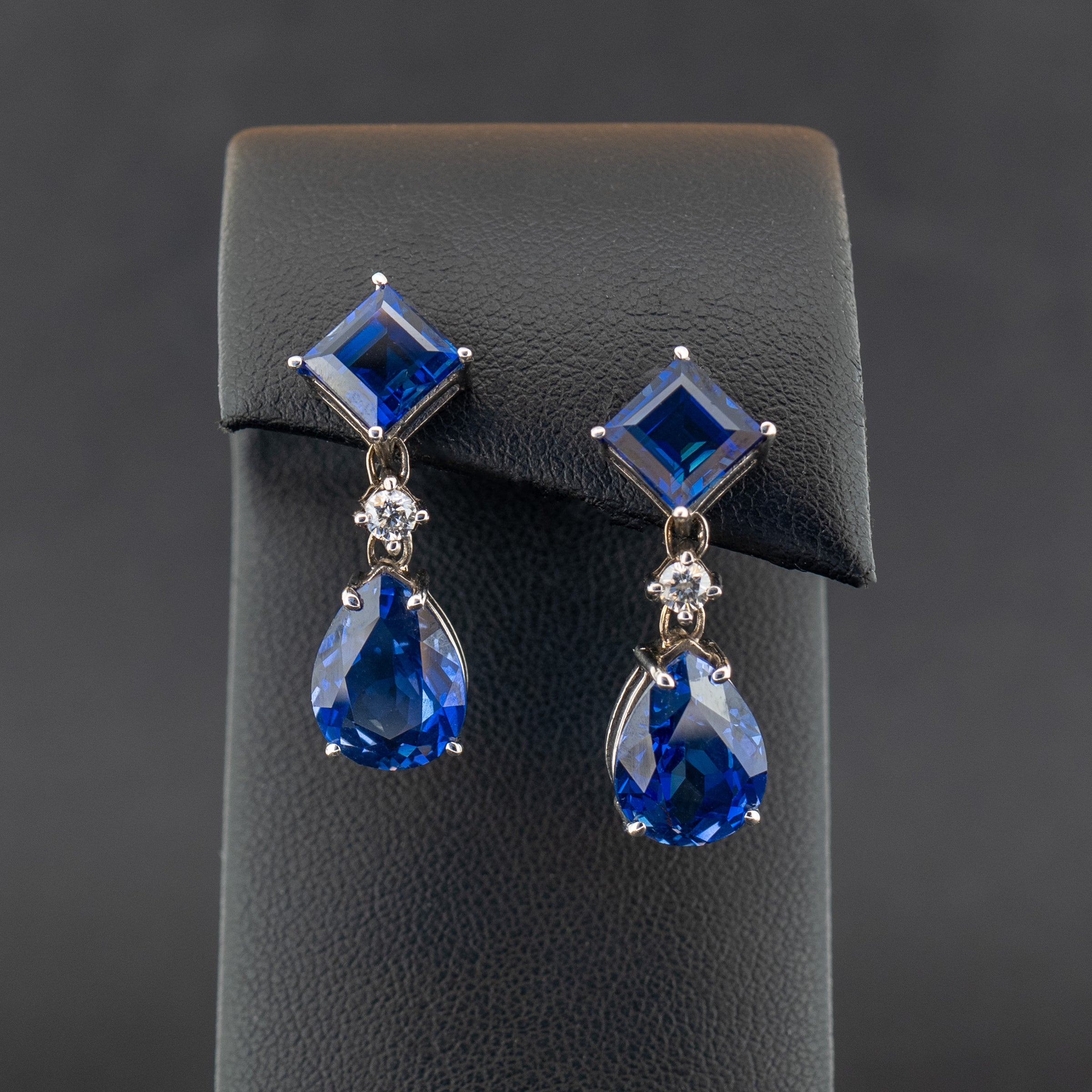 14ct White Gold Lab Created Sapphire & Lab Diamond Drop Earrings 6.6g