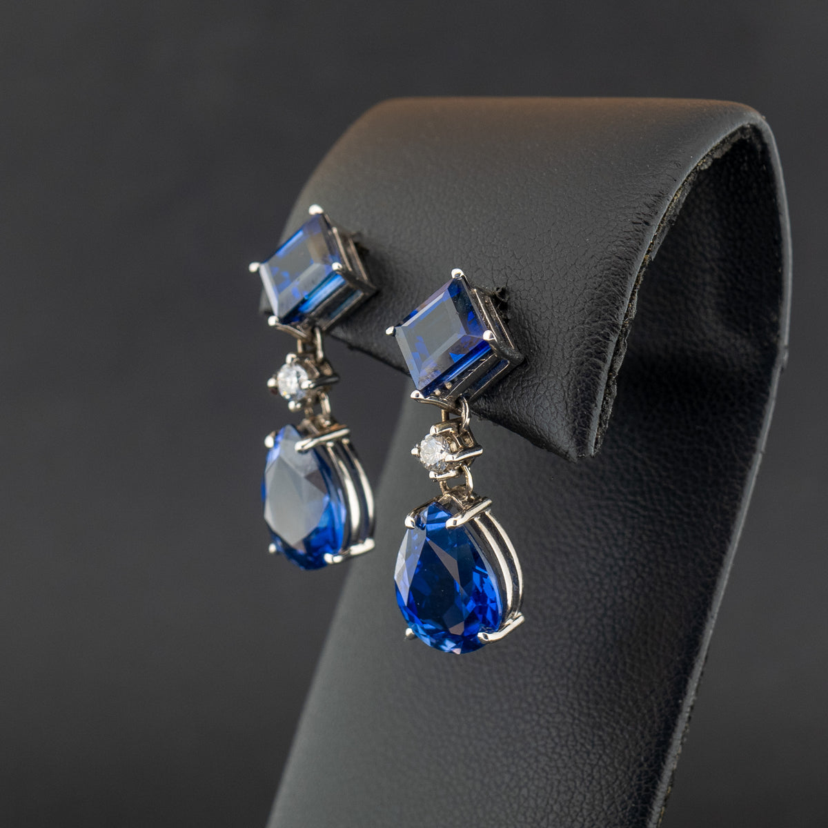 14ct White Gold Lab Created Sapphire & Lab Diamond Drop Earrings 6.6g