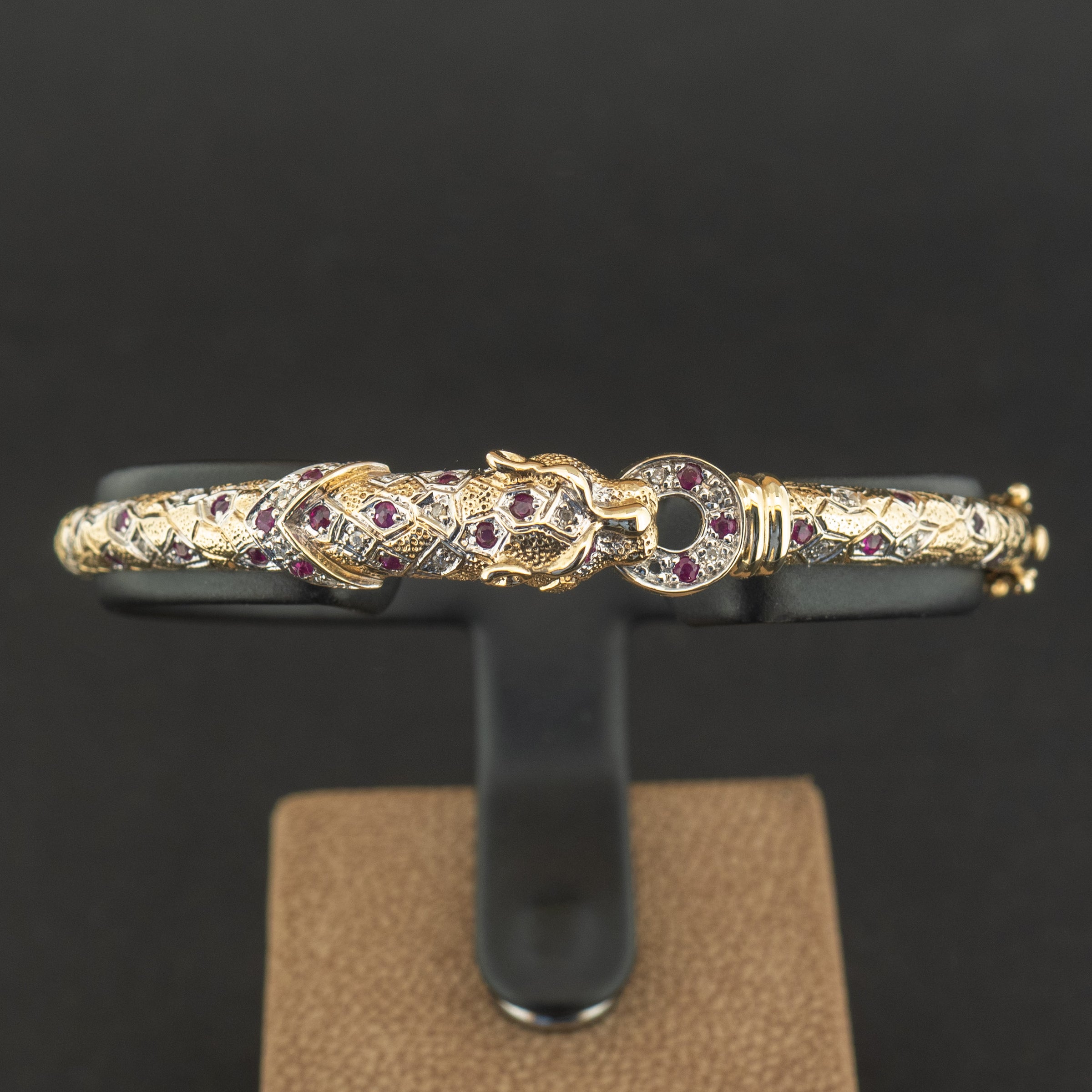 9ct Yellow Gold Leopard Ruby and Diamond Bangle 10.6g