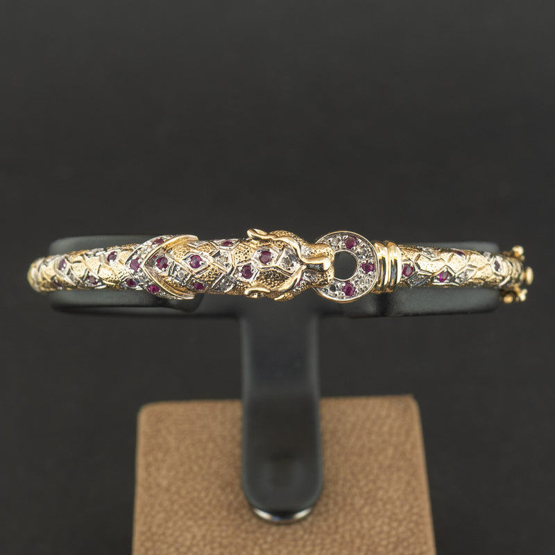 9ct Yellow Gold Leopard Ruby and Diamond Bangle 10.6g