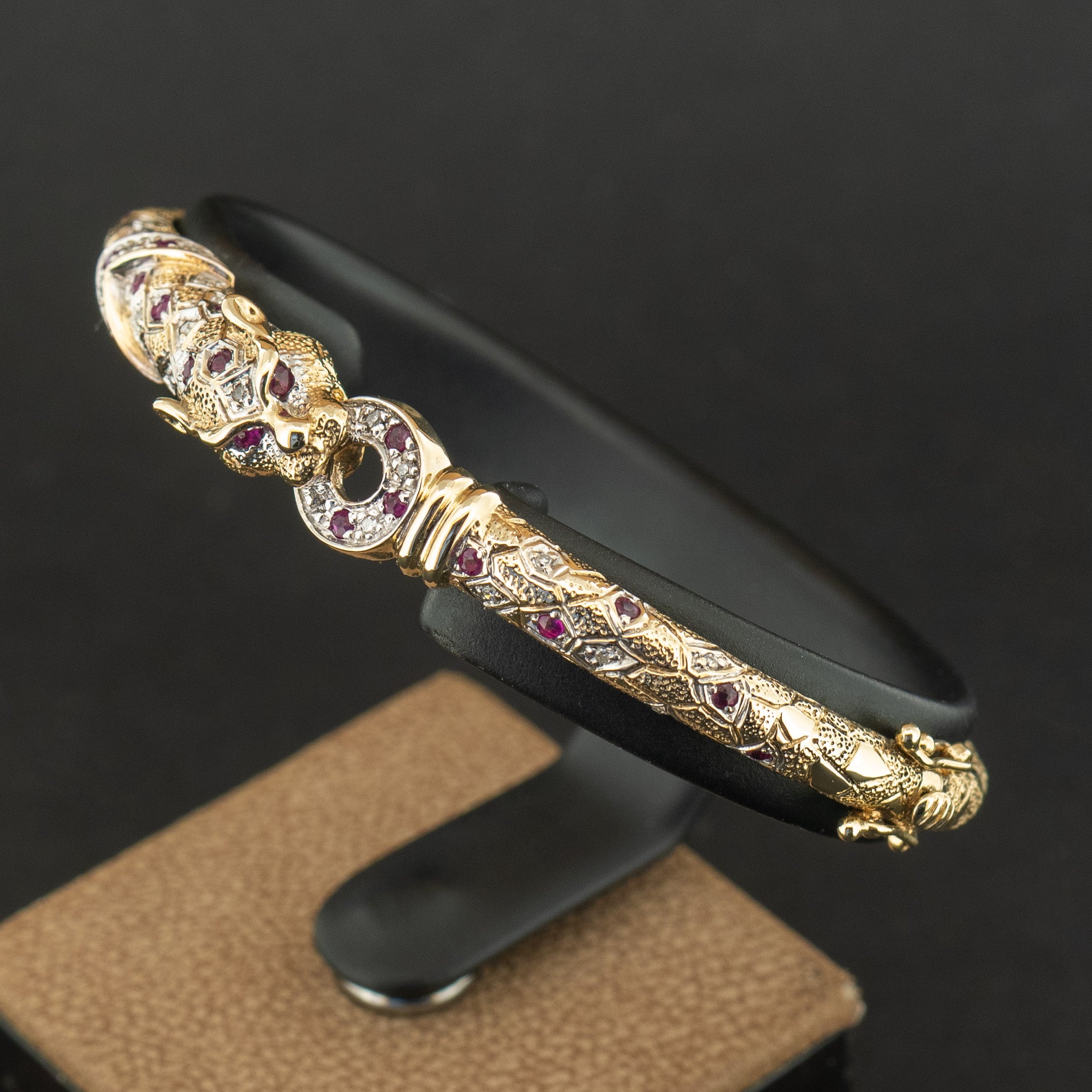 9ct Yellow Gold Leopard Ruby and Diamond Bangle 10.6g